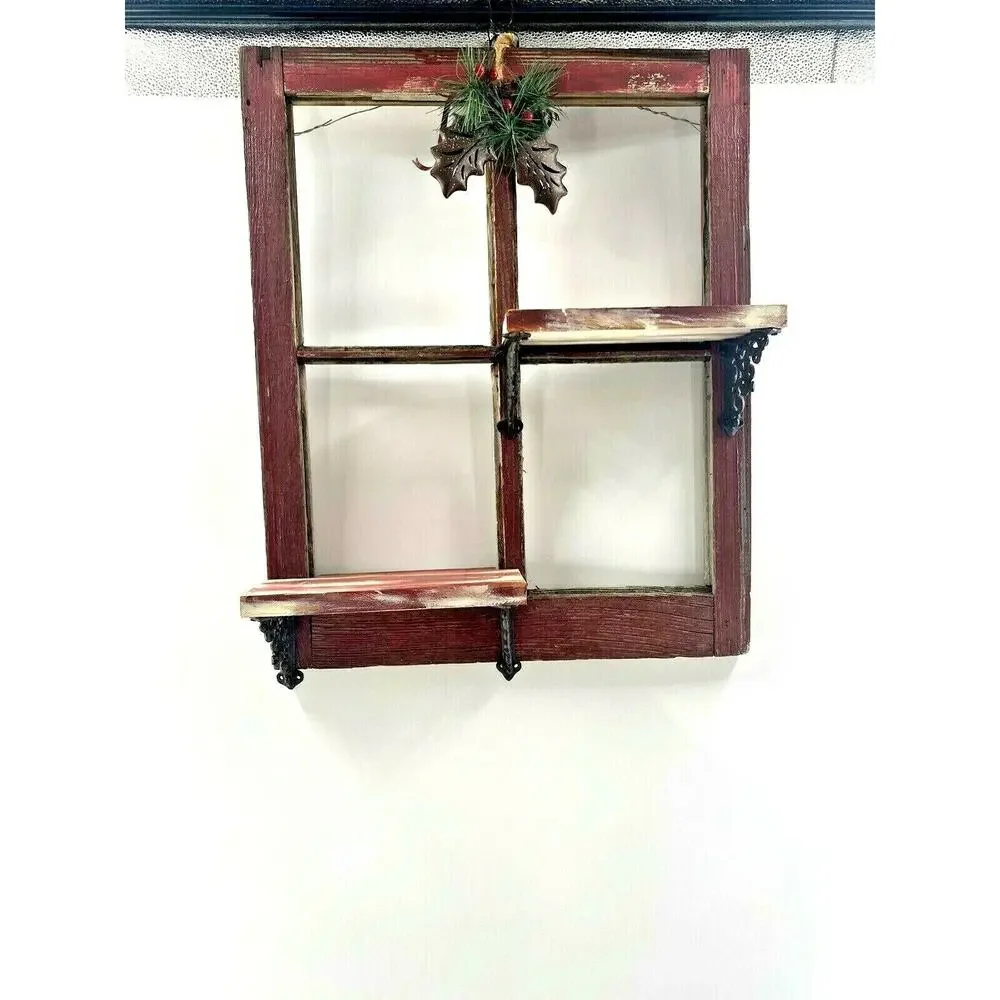 Vintage Red Barn Wood 4 Pane Window Wall Shelf Christmas Hollyberry Shadow Box